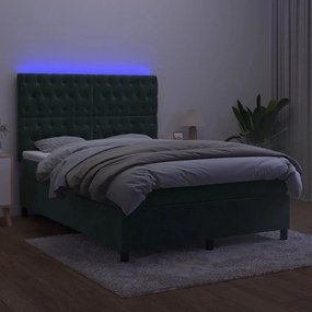 vidaXL Κρεβάτι Boxspring με Στρώμα &amp; LED Σκ. Πράσινο 140x200εκ Βελούδο