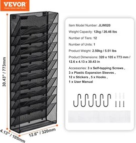 VEVOR File Wall Rack Mesh Wall File Holder 1-Piece 12 Pockets for Office/School