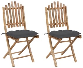 Καρέκλες Κήπου Πτυσσόμενες 2 τεμ. από Μπαμπού με Μαξιλάρια - Ανθρακί