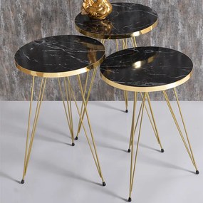 Βοηθητικά τραπέζια Sebastian pakoworld σετ 3τεμ μαύρο μάρμαρου-χρυσό - Μέταλλο - 120-000345