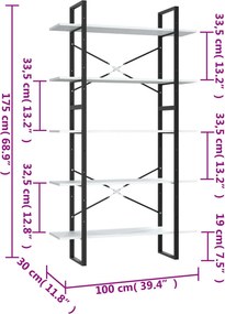 vidaXL Βιβλιοθήκη με 5 Ράφια Λευκή 100 x 30 x 175 εκ. από Επεξ. Ξύλο