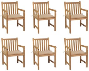 vidaXL Καρέκλες Κήπου 6 Τεμαχίων από Μασίφ Ξύλο Teak με Μπεζ Μαξιλάρια