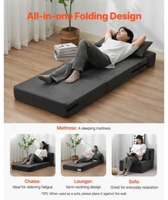 VEVOR Folding Sofa Bed 3-in-1 Foldable Couch Bed with 2 Pillows Dark Grey Single