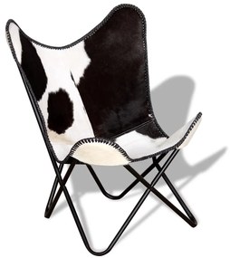 vidaXL Πολυθρόνα Πεταλούδα Μαύρο και Λευκό από Γνήσιο Δέρμα Αγελάδας