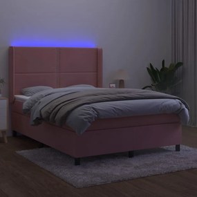 vidaXL Κρεβάτι Boxspring με Στρώμα & LED Ροζ 140x200 εκ. Βελούδινο