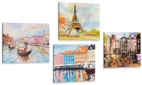 Σετ εικόνων ζωγραφισμένες πόλεις σε παστέλ χρώματα - 4x 60x60