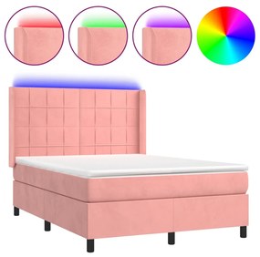 vidaXL Κρεβάτι Boxspring με Στρώμα & LED Ροζ 140x190 εκ. Βελούδινο