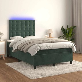 vidaXL Κρεβάτι Boxspring με Στρώμα &amp; LED Σκ. Πράσινο 120x190εκ Βελούδο