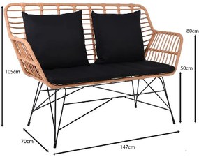 SALSA MAX LIVING ΚΑΝΑΠΕΣ ΚΗΠΟΥ 2ΘΕΣΙΟΣ, ΜΕΤΑΛΛΟ ΒΑΦΗ ΜΑΥΡΟ, WICKER ΦΥΣΙΚΟ, ΜΑΞΙΛΑΡΙΑ ΜΑΥΡΟ