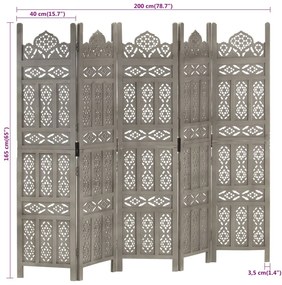 vidaXL Παραβάν Σκαλιστό στο Χέρι 5 Πάνελ Γκρι 200x165 εκ. Ξύλο Μάνγκο