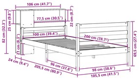 Κρεβάτι Βιβλιοθήκη Χωρίς Στρώμα 100x200 εκ Μασίφ Ξύλο Πεύκου - Καφέ