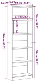 vidaXL Μαύρη Δρύινη Βιβλιοθήκη - 60x24x176 εκ