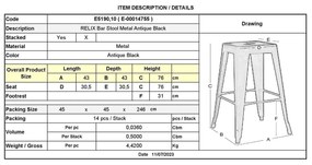 RELIX Σκαμπό Bar Στοιβαζόμενο, Μέταλλο Βαφή Antique Black 43x43 H.76cm