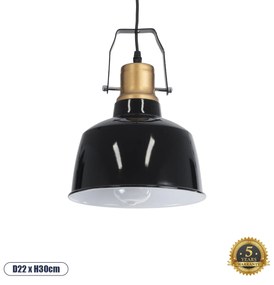 GloboStar® DEVOTA 01235 Vintage Industrial Κρεμαστό Φωτιστικό Οροφής Μονόφωτο Μαύρο Μεταλλικό Καμπάνα Φ22 x Y30cm
