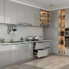 Intrahome Σύνθεση Έπιπλο Κουζίνας ΓΚΡΙ - HPL High Gloss φορμάικα υψηλής πίεσης 08-59126575661 με blum μεντεσεδες και συρτάρια 10 ΜΕΤΡΑ ΤΡΕΧΟΝ