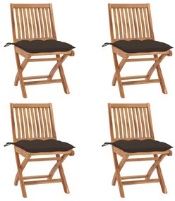 Καρέκλες Κήπου Πτυσσόμενες 4 τεμ. Μασίφ Ξύλο Teak με Μαξιλάρια - Μπεζ-Γκρι