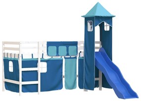 Υπερυψωμένο Κρεβάτι με Πύργο Μπλε 90x190 εκ. Μασίφ Ξύλο Πεύκου - Μπλε
