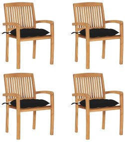 Καρέκλες Κήπου Στοιβαζόμενες 4 τεμ. Μασίφ Ξύλο Teak &amp; Μαξιλάρια - Μαύρο