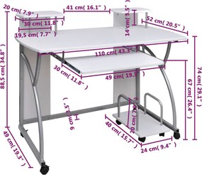 vidaXL Γραφείο Υπολογιστή Λευκό 110 x 52 x 88,5 εκ. Επεξεργασμένο Ξύλο