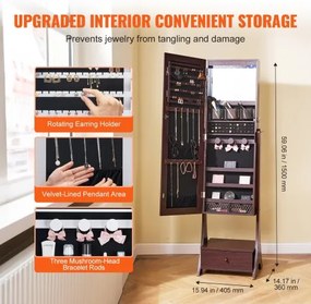 VEVOR Mirror Jewelry Cabinet Standing Mirror with Storage Full Length Brown