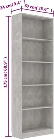 vidaXL Βιβλιοθήκη με 5 Ράφια Γκρι Σκυροδέμ. 60x24x175 εκ. Επεξ. Ξύλο