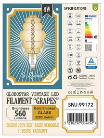 GloboStar 99172 Λάμπα LED Soft S Spiral Filament E27 BH200 GRAPES Γλόμπος 8W 560lm 360° AC 220-240V IP20 Φ20 x Υ41cm Ultra Θερμό Λευκό 2200K με Μελί Γυαλί - Dimmable - 3 Χρόνια Εγγύηση