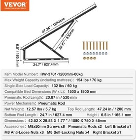 VEVOR Bed Lift 59x71 in Compatible Bed Size 154 lbs Load DIY Wall Bed Hardware