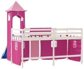 Υπερυψωμένο Κρεβάτι με Πύργο Ροζ 90x200 εκ. Μασίφ Ξύλο Πεύκου - Ροζ