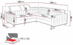 Γωνιακός Καναπές Columbus 201, Λειτουργία ύπνου, Αποθηκευτικός χώρος, 247x247x80cm, 165 kg, Πόδια: Πλαστική ύλη, Μέταλλο | Epipla1.gr