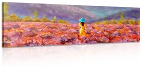 Εικόνα ενός κοριτσιού με ένα κίτρινο φόρεμα σε ένα χωράφι λεβάντας - 150x50