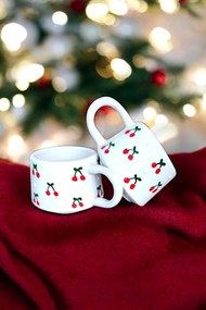 Stewehome Σετ 2 τεμαχίων κεραμικά χειροποίητα κούπες με σχέδιο κεράσι Λευκό