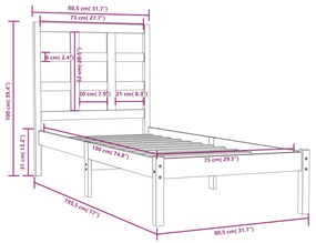 vidaXL Πλαίσιο Κρεβατιού Μαύρο 75 x 190εκ. από Μασίφ Ξύλο Small Single