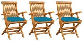 Καρέκλες Κήπου 3 τεμ. από Μασίφ Ξύλο Teak με Γαλάζια Μαξιλάρια