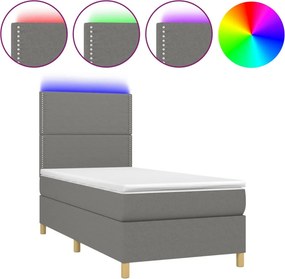 vidaXL Κρεβάτι Boxspring με Στρώμα &amp; LED Σκ.Γκρι 90x200 εκ. Υφασμάτινο