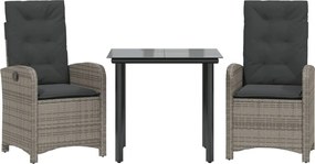 vidaXL Σετ Τραπεζαρίας Κήπου 3 τεμ. Γκρι Συνθ. Ρατάν με Μαξιλάρια