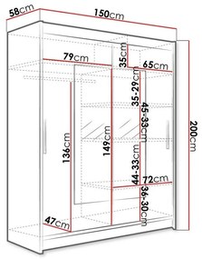 Ντουλάπα Atlanta 104, Άσπρο, 200x150x58cm, 118 kg, Πόρτες ντουλάπας: Ολίσθηση, Αριθμός ραφιών: 5, Αριθμός ραφιών: 5 | Epipla1.gr