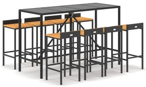 vidaXL Σετ Μπαρ Κήπου 9 τεμ. Μαύρο Συνθ. Ρατάν &amp; Μασίφ Ξύλο Ακακίας