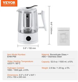 VEVOR Hydrogen Water Pitcher Generator, 1.5 L / 52.8 oz Large Capacity Hydrogen Generator Water Kettle, SPE and PEM Technology, Hydrogen Rich Water Ionizer Machine for Brewing Coffee or Tea