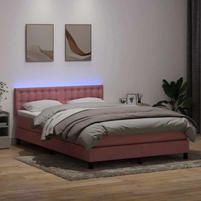 vidaXL Κρεβάτι Boxspring με Στρώμα &amp; LED Ροζ 140x210 εκ. Βελούδινο
