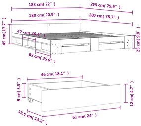 Πλαίσιο Κρεβατιού με συρτάρια Καφέ δρυς 180x200 εκ. Επεξ. Ξύλο - Καφέ