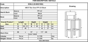 WEST Σκαμπό BAR με Πλάτη, PP-UV Μαύρο   1τμχ