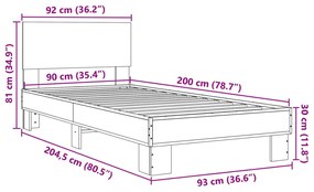 Πλαίσιο Κρεβατιού Μαύρο 90 x 200 εκ. Επεξ. Ξύλο &amp; Μέταλλο - Μαύρο