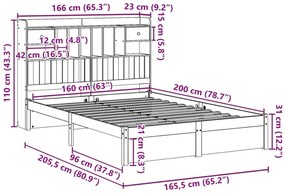 Κρεβάτι Βιβλιοθήκη Χωρίς Στρώμα 160x200 εκ Μασίφ Ξύλο Πεύκου - Καφέ