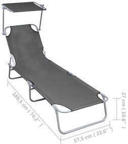 vidaXL Ξαπλώστρα Πτυσσόμενη Γκρι Αλουμινίου με Σκίαστρο