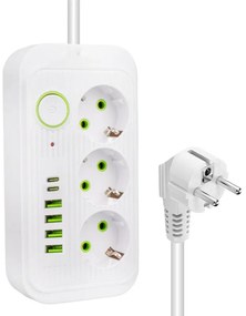 Πολύμπριζο 3 Θέσεων, 4USB και 2Type-C με διακόπτη - Power Socket