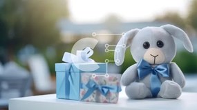 Intra Συλλεκτικό Ξύλινο Παζλ Plywood  4mm - Κομψά Μπλε Μπάνι Γεμιστά Ζώα και Κουτιά Δώρων Σε Ξύλινο Κουτί - Διαστάσεις: 10x10 cm – 25 κομμάτια