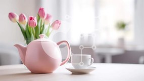 Intra Συλλεκτικό Ξύλινο Παζλ Plywood 4mm - Ροζ τσαγιέρα, φλιτζάνι και ροζ τουλίπες στο τραπέζι Σε Ξύλινο Κουτί - Διαστάσεις: 10x10 cm – 25 κομμάτια