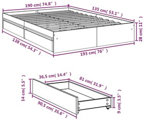 Πλαίσιο Κρεβατιού με Συρτάρια Μαύρο 135x190 εκ Επεξεργ. Ξύλο - Μαύρο