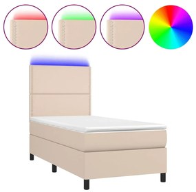 Κρεβάτι Boxspring Στρώμα&amp;LED Καπουτσίνο 90x190 εκ. Συνθ. Δέρμα - Καφέ