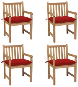 Καρέκλες Κήπου 4 τεμ. από Μασίφ Ξύλο Teak με Κόκκινα Μαξιλάρια - Κόκκινο